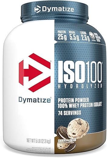 Dymatize Nutrition ISO 100 5 lbs Whey Protein Powder with Hydrolyzed 100% Whey Protein Isolate, Gluten Free, Fast Digestion, Cookies & Cream, 2.26 Kg