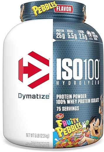 Dymatize Nutrition ISO100 Hydrolyzed Protein Powder, 100% Whey Isolate Protein, 25g of Protein, 5.5g BCAAs, Gluten Free, Fast Absorbing, Easy Digesting, Fruity Pebbles, 5lbs, white