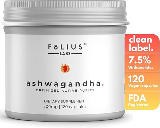 FOLIUS LABS Ashwagandha 7.5% Herbal Supplement 500mg - Stress Relief Support, Natural Mood Support and Energy Support Supplement - 120 capsules – Full Spectrum Ashwagandha root extract