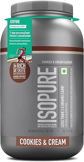 Isopure Whey Protein Isolate Powder with less than 1.5gm of Carbs and Vitamins for Immune Support - 1 kg Cookies & Cream, Vegetarian protein for Men & Women. Offer Pack