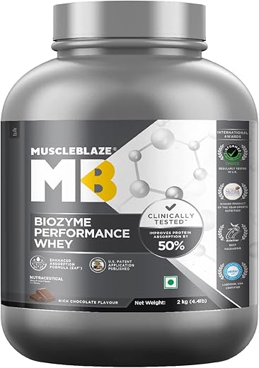 MuscleBlaze Biozyme Performance | Clinically Tested 50% Higher Protein Absorption | Informed Choice UK, Labdoor USA Certified & US Patent Filed EAF® (Rich Chocolate, 2 kg / 4.4 lb)