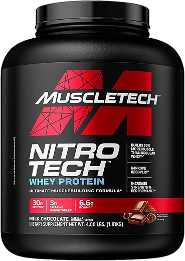 MuscleTech Nitro-Tech Whey Protein, 1.81kg (4lbs), Milk Chocolate, 30g Protein, 3g creatine monohydrate, 6.7g BCAA, ultimate muscle building formula, increase strength & performance