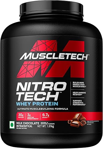 MuscleTech Nitro-Tech Whey Protein, 1.81kg (4lbs), Milk Chocolate, 30g Protein, 3g creatine monohydrate, 6.7g BCAA, ultimate muscle building formula, increase strength & performance