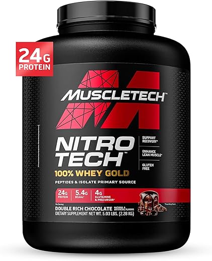 MuscleTech Performance Series Nitro Tech Whey Gold| 24g Protein| With BCAA & Glutamine & Precursors |For Lean Muscle Gain| Sports Nutrition | 4lbs (1.81Kg) | Double Rich Chocolate Flavour