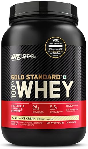 Optimum Nutrition (ON) Gold Standard 100% Whey Protein Powder (Vanilla Ice Cream)2 lbs, 907 g, for Muscle Support & Recovery, Vegetarian - Primary Source Whey Isolate